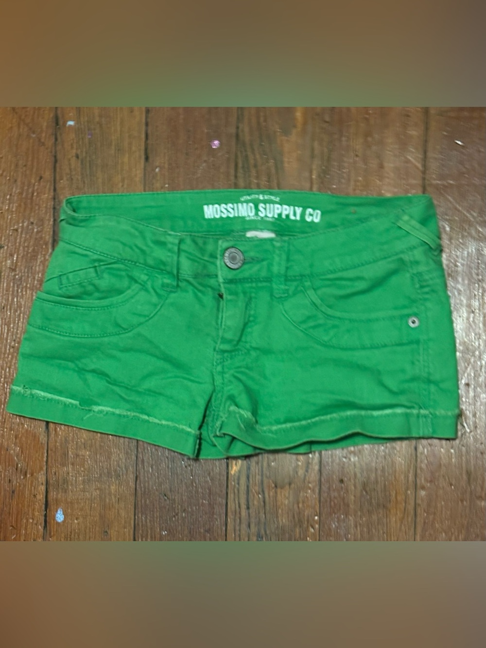 Vintage Y2K LOW RISE MOSSIMO GREEN DENIM MICRO SHORTS SZ. 1 EUC